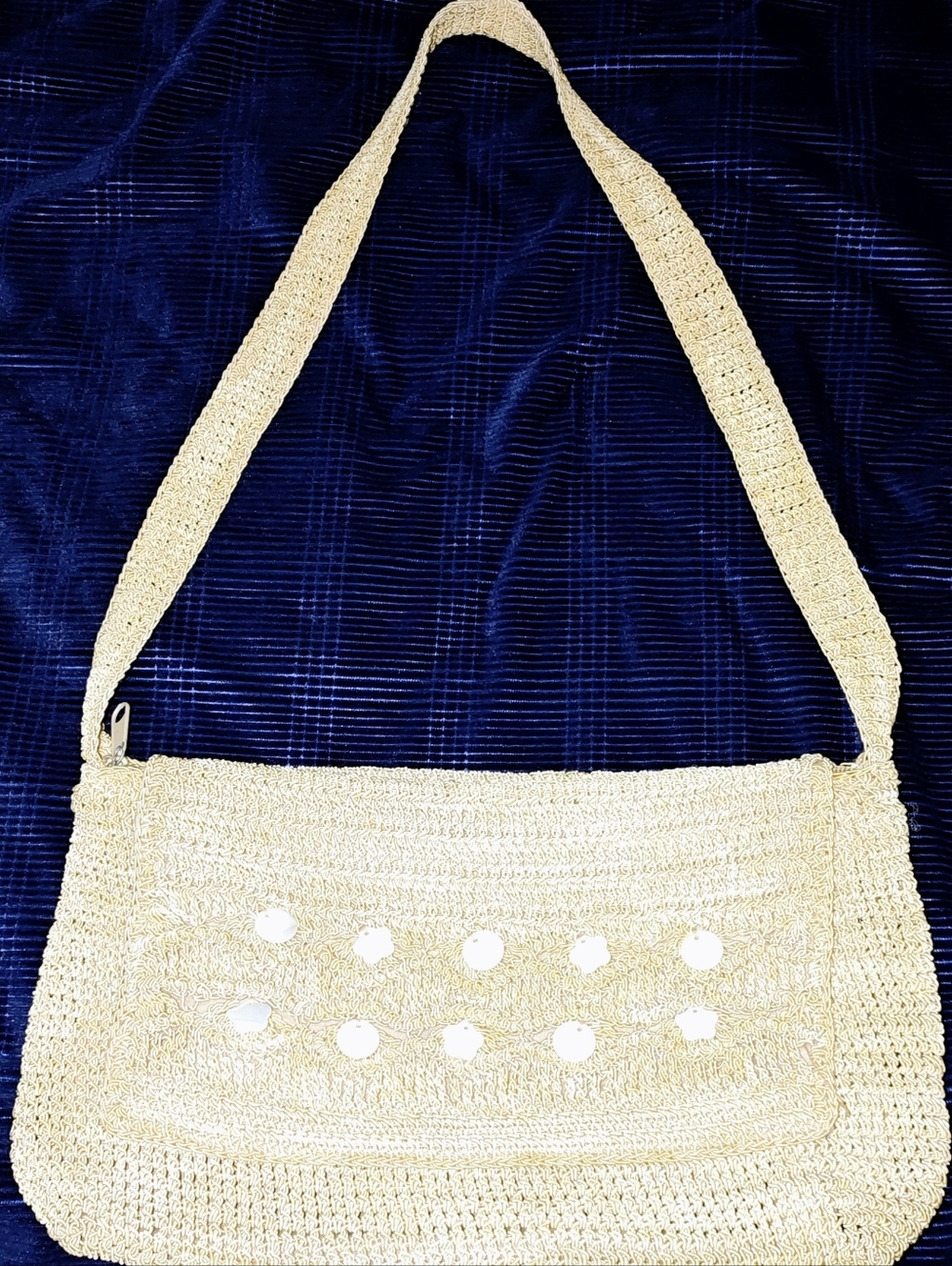 Tan Crochet Woven Sholder Bag with Pearl Accents